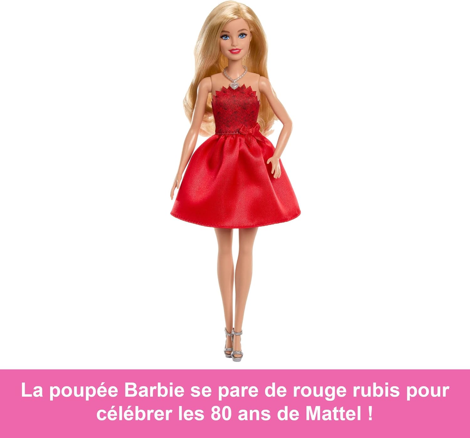 Barbie 80ème Anniversaire de Mattel Poupée Blonde avec Robe Rouge, Chaussures et Collier argentés, Jouet à Collectionner, JGD25 – Image 5