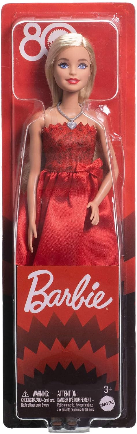 Barbie 80ème Anniversaire de Mattel Poupée Blonde avec Robe Rouge, Chaussures et Collier argentés, Jouet à Collectionner, JGD25 – Image 6
