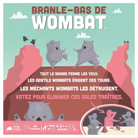Asmodee - BRANLE-Bas DE Wombat - Jeu de Société d'Ambiance pour Enfants dès 7 Ans - Jeu Coopératif en Equipe - Construisez 3 Tours - 3 à 6 Joueurs -15 Min - Version Française - par Exploding Kittens