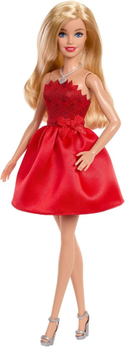 Barbie 80ème Anniversaire de Mattel Poupée Blonde avec Robe Rouge, Chaussures et Collier argentés, Jouet à Collectionner, JGD25
