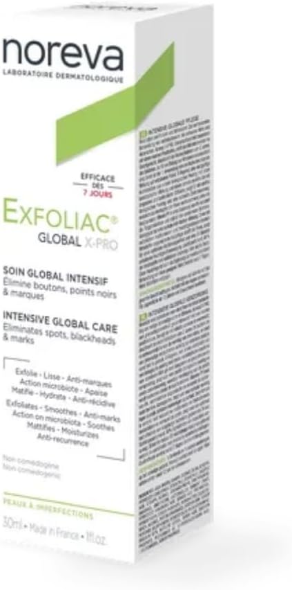 Noreva - Exfoliac Global X-PRO - Soin Global Intensif - Anti Boutons et Points Noirs - Corrige les Imperfections - Matifie - Hydrate & Apaise - 90% d'Ingrédients d'Origine Naturelle - 30ml