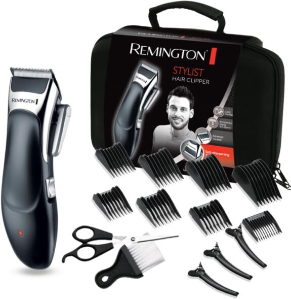 Remington Tondeuse Cheveux [Kit Coiffeur Professionnel] Stylist Noir & Argent (Lames Céramique Auto-Affûtées, Secteur/Sans fil-Batterie Lithium, 8 Sabots, Mallette pro + accessoires) Tondeuse HC363C