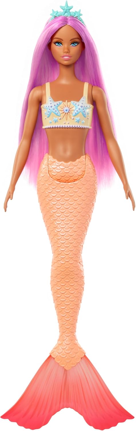 Barbie Poupée Sirène | Accessoire cheveux rose et serre-tête, jouet avec bustier étoile de mer, queue orange douce, HRR05
