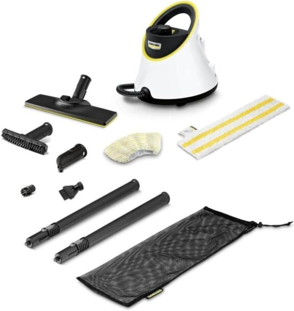 Kärcher Nettoyeur Vapeur SC 2 Deluxe, Surface : 75m², Réservoir : 1 l, Pression Vapeur : 3,2 bar, Temps Préchauffage : 6,5 min, Puissance : 1 500 W, Set de Nettoyage de Sol EasyFix & 3 buses