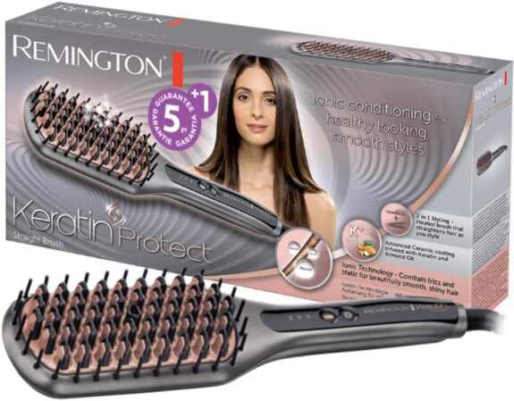 Remington Brosse Lissante Ionique [2en1: Lisseur & Brosse à Cheveux] Keratin Protect (Soin Kératine & Huile d'amande, Lisse & Démêle, Douceur & Brillance, Céramique, 150-230°) Fer à lisser CB7480
