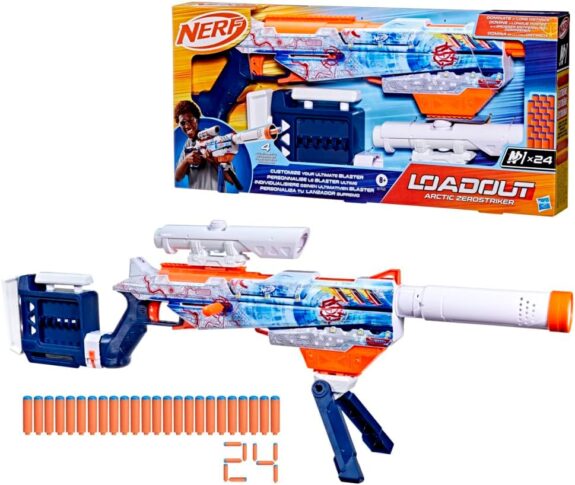 Nerf Loadout Arctic Zerostriker, Blaster et Fléchettes N1, Lanceur de Fléchettes Personnalisable en Mousse N1 pour Enfants et Ados – Canon, Crosse, Viseur et Bipied, Dès 8 Ans