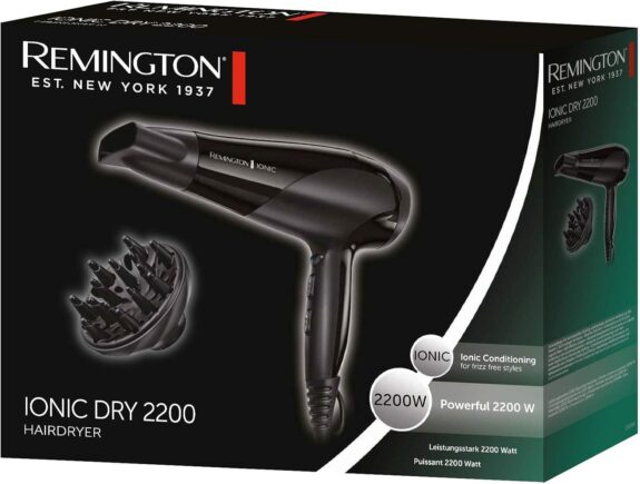 Remington Sèche-cheveux Ionique [Puissant & Léger] Ionic Dry Noir (2200W, coiffage délicat en douceur & répartition uniforme de chaleur, 3 températures / 2 vitesses, concentrateur, diffuseur) D3198