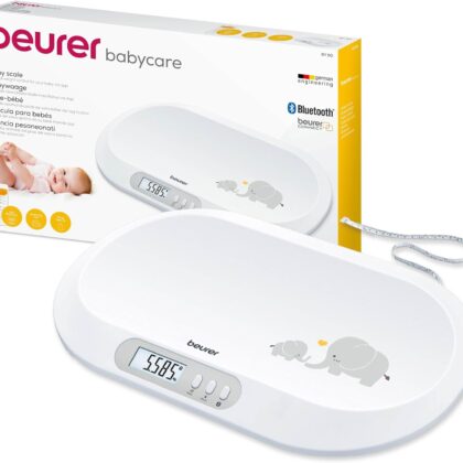 Beurer BY 90 Pèse-bébé connecté avec ruban mesureur intégré, application gratuite (iOS + Android), capacité de charge de 20 kg et fonction de maintien pour bébés gigoteurs