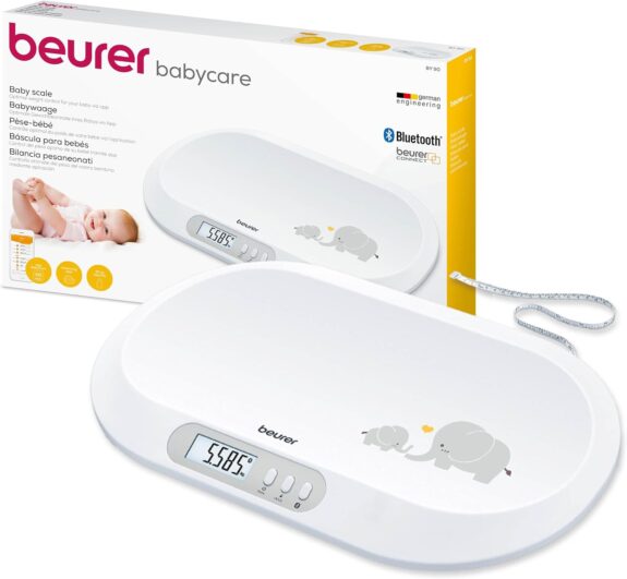 Beurer BY 90 Pèse-bébé connecté avec ruban mesureur intégré, application gratuite (iOS + Android), capacité de charge de 20 kg et fonction de maintien pour bébés gigoteurs