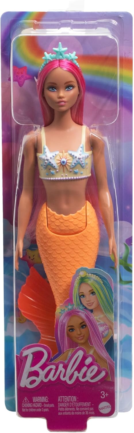 Barbie Poupée Sirène | Accessoire cheveux rose et serre-tête, jouet avec bustier étoile de mer, queue orange douce, HRR05 – Image 4