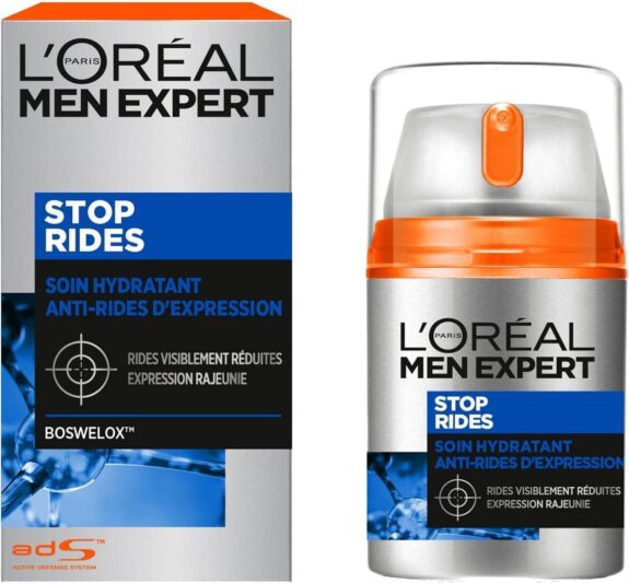 L'Oréal Men Expert - Soin Hydratant Visage Anti-Âge & Anti-Rides d'Expression pour Homme - Usage Quotidien - Technologie Boswelox - Tous Types de Peaux - Stop Rides - 50 ml