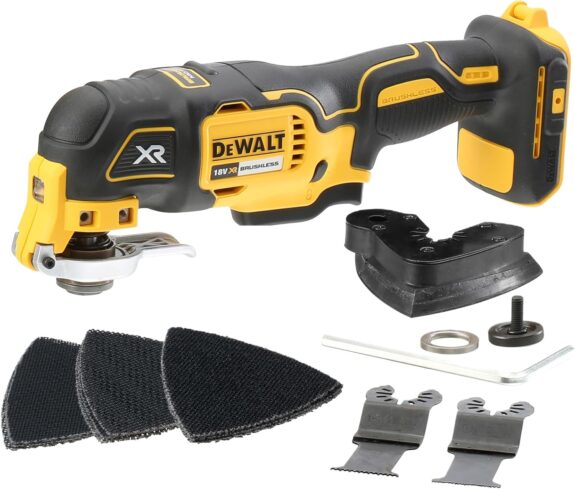 DEWALT - Outil multifonction oscillant sans fil Brushless XR 18V, inclus jeu d'accessoires de Coupe et de Ponçage de 29 pièces, DCS355N-XJ