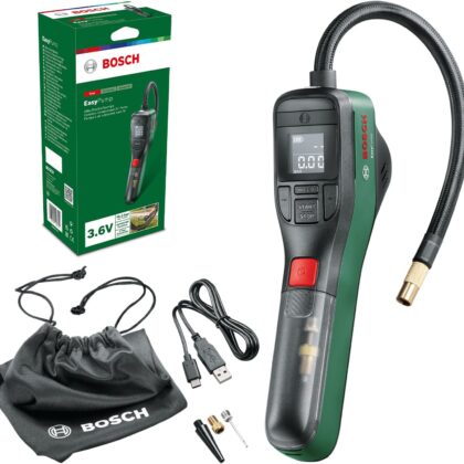 Bosch Pompe à vélo/pompe à air/mini-compresseur électrique EasyPump (batterie 3,0 Ah, 3,6 V, fonction Autostop, 150 PSI, 10,3 bar, LED, rechargeable via câble USB-C, dans boîte carton)