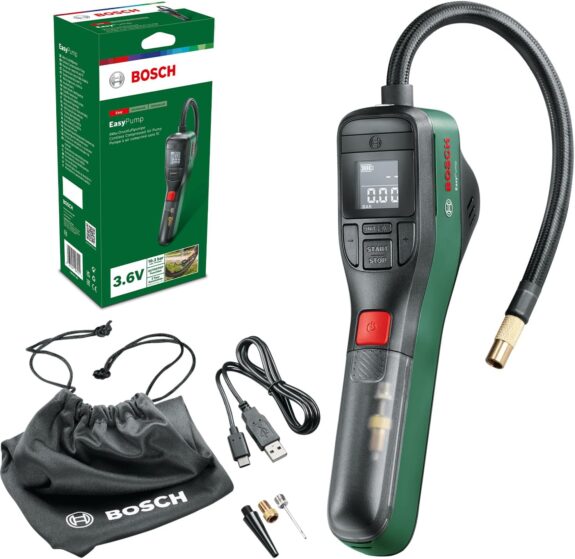 Bosch Pompe à vélo/pompe à air/mini-compresseur électrique EasyPump (batterie 3,0 Ah, 3,6 V, fonction Autostop, 150 PSI, 10,3 bar, LED, rechargeable via câble USB-C, dans boîte carton)