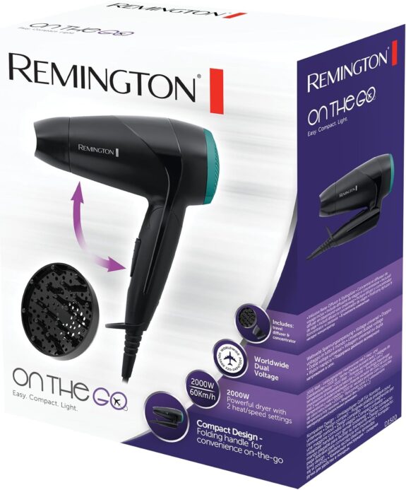 Remington Sèche-cheveux de voyage [Ultra Compact, Léger & Puissant] On the go pliable (2000W, voltage universel, 2 niveaux de températures et puissance, concentrateur, diffuseur) D1500