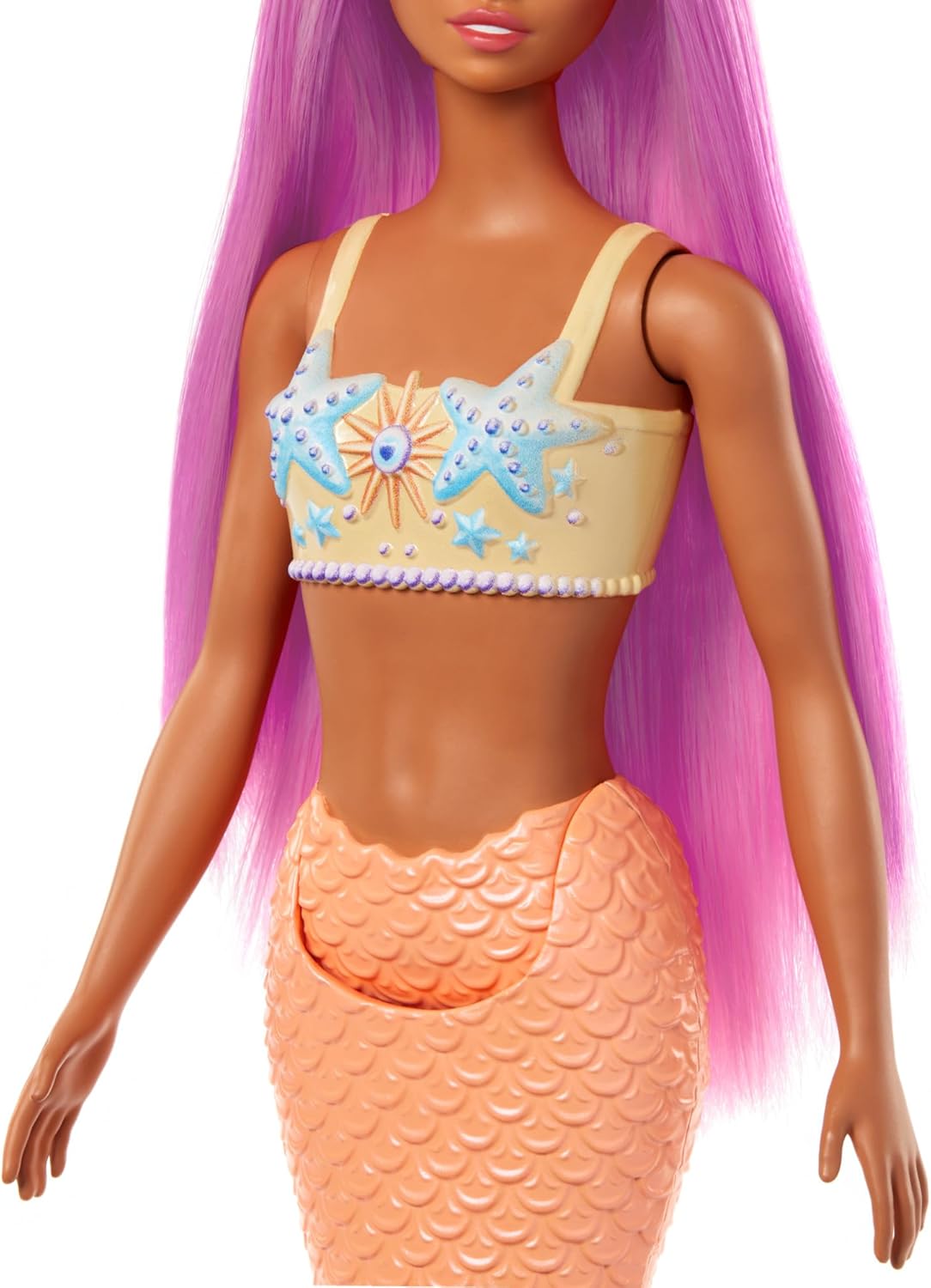 Barbie Poupée Sirène | Accessoire cheveux rose et serre-tête, jouet avec bustier étoile de mer, queue orange douce, HRR05 – Image 3