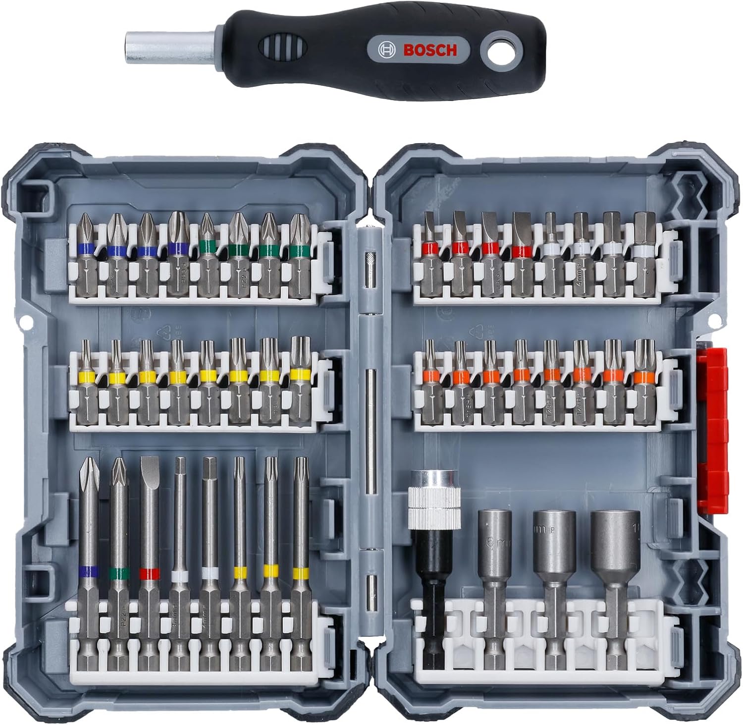 Bosch Professional 45 pièces Assortiment d’embouts de vissage personnalisable (PH 1/2/3, PZ 1/2/3, SL 3/4/5/6, HEX 3/4/5/6, T 10/15/20/25/27/30/40, TH 10/15/20/25/27/30/40, Accessoire