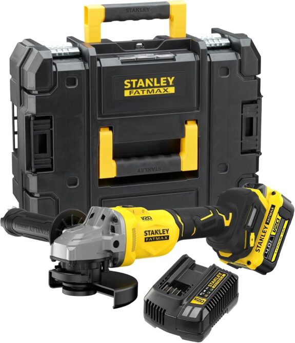 STANLEY FATMAX V20 Meuleuse d'angle 125mm sans fil et brushless, comprend une batterie Li-Ion 4.0Ah, un chargeur 2A et une malette PRO-STACK, 18V, SFMCG710M1T-QW