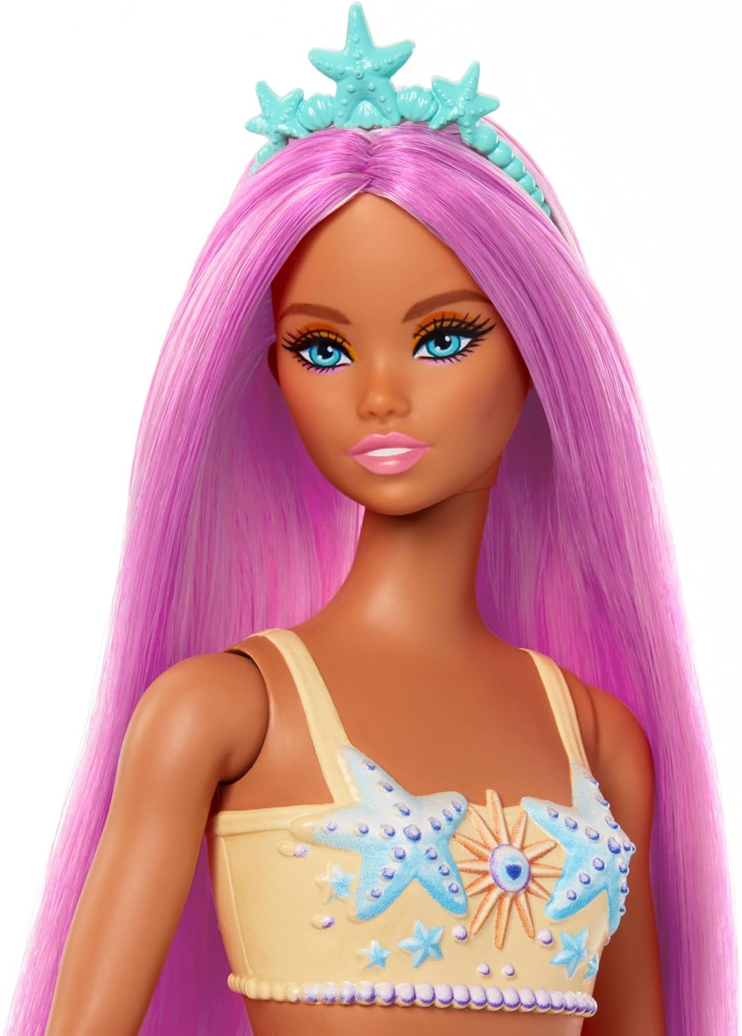 Barbie Poupée Sirène | Accessoire cheveux rose et serre-tête, jouet avec bustier étoile de mer, queue orange douce, HRR05 – Image 2
