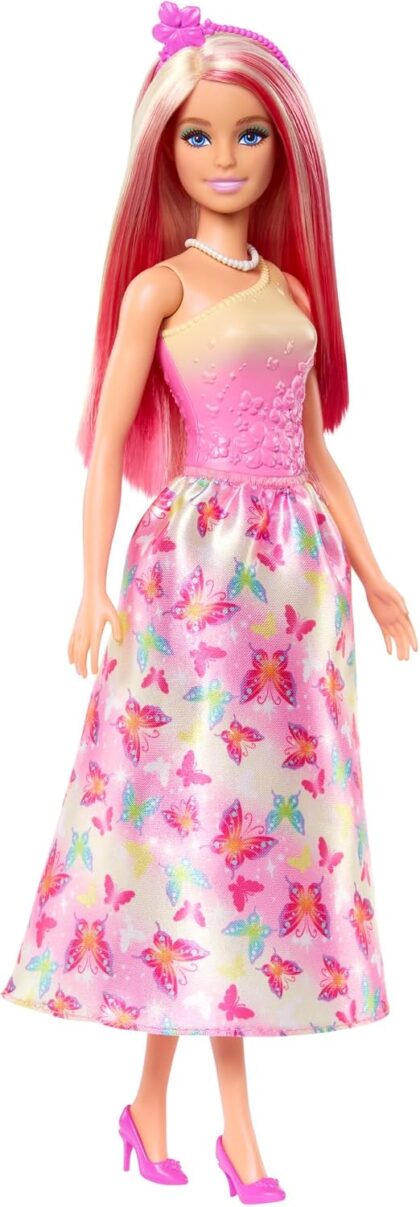 Barbie Royal Poupée Cheveux Rose & Blond, Accessoires Fantaisie | Accessoires colorés, corsage rose ombré & jupe à motifs papillons, HRR08