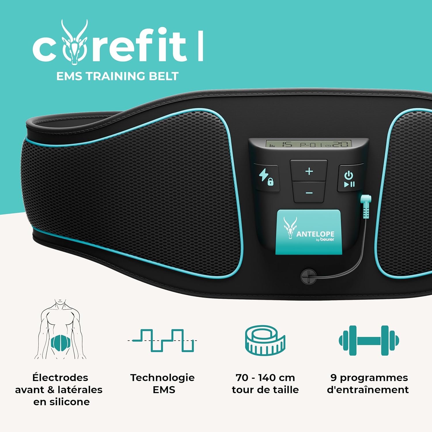 Beurer Corefit I by Antelope Ceinture d'entraînement EMS, stimulation des muscles abdominaux, soutien du développement musculaire, 9 programmes d'entraînement,4 électrodes, pour hommes et femmes – Image 4