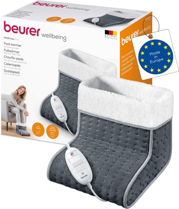 Beurer FW 20 Chauffe-pieds, avec doublure en peluche, fabriqué en Europe, chauffage électrique des pieds avec 3 niveaux de température, arrêt automatique, lavable en machine, gris