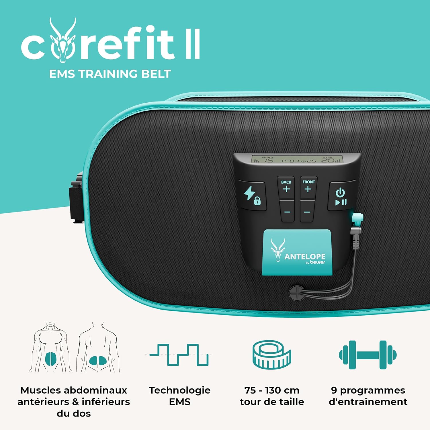 Beurer Corefit II by Antelope Ceinture d'entraînement, stimulation ciblée des muscles abdominaux et dorsaux, efficace pour la construction musculaire et la combustion des graisses, 9 programmes – Image 4