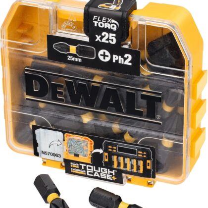 DEWALT Embouts de vissage FLEXTORQ 25mm, lot de 25 ToughCase+, DT70555T-QZ | Embouts PH2 FLEXTORQ 25 mm, lot de 25, compatibles chocs, avec rangement ToughCase+ durable et accès facile