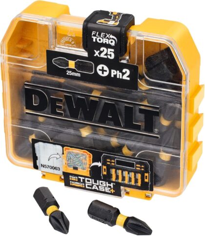 DEWALT Embouts de vissage FLEXTORQ 25mm, lot de 25 ToughCase+, DT70555T-QZ | Embouts PH2 FLEXTORQ 25 mm, lot de 25, compatibles chocs, avec rangement ToughCase+ durable et accès facile