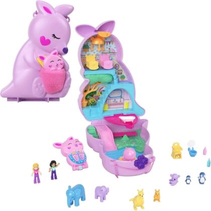 Polly Pocket Sac Surprises Famille Kangourous 2-en-1 | Jouets sac, 2 mini poupées, 7 amis animaux, 4 accessoires, thème nurserie, pochette kangourou douce, HKV50