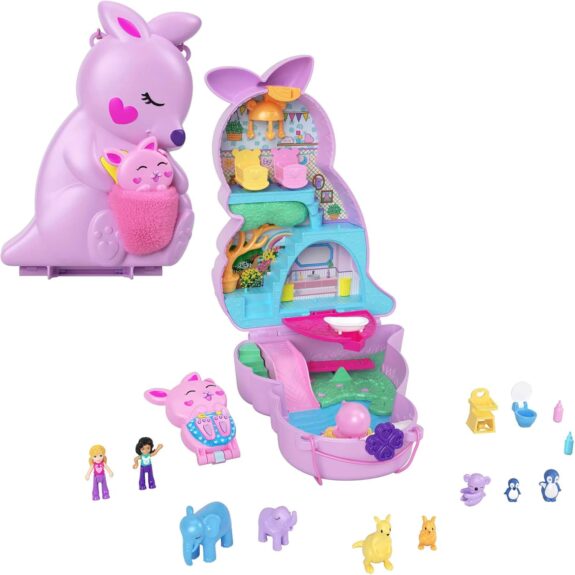 Polly Pocket Sac Surprises Famille Kangourous 2-en-1 | Jouets sac, 2 mini poupées, 7 amis animaux, 4 accessoires, thème nurserie, pochette kangourou douce, HKV50